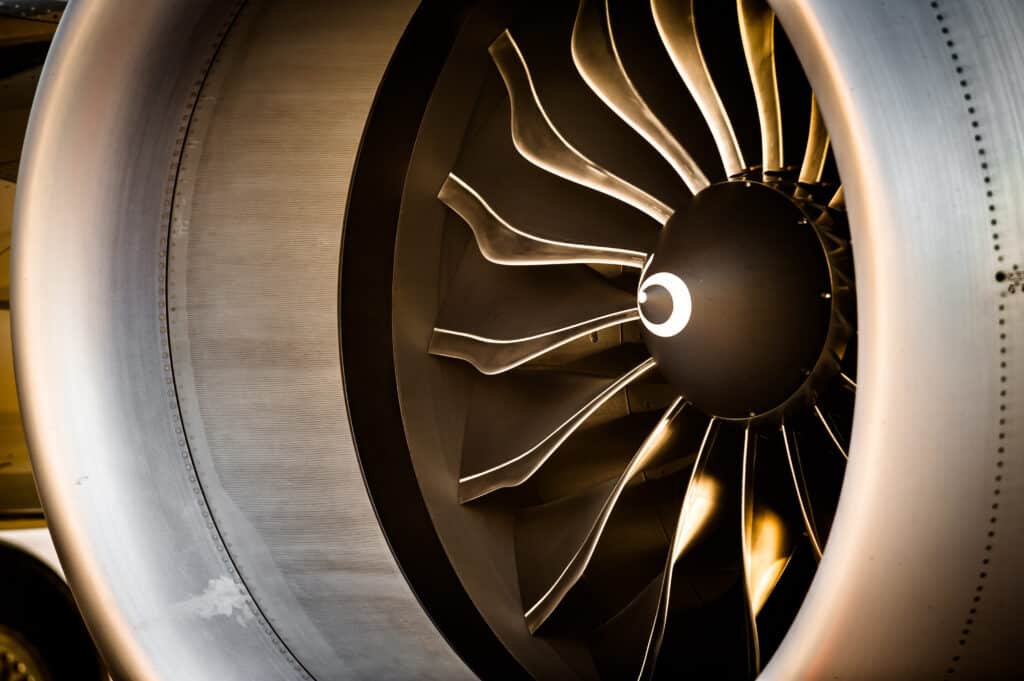 Close up view of Jet engine turbine